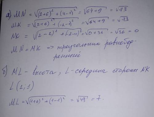 Треугольник mnk задан координатами своих вершин: m(-6; 1), n(2; 4), k(2; -2). а) докажите, что треуг