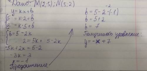 Дано` m(2; 5) и n(5; 2) составьте прямолинейное уравнение для этих точек.