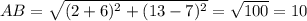 AB= \sqrt{(2+6)^2 + (13-7)^2} =\sqrt{100} =10