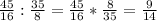 \frac{45}{16} : \frac{35}{8} = \frac{45}{16} * \frac{8}{35} = \frac{9}{14}