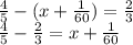 \frac{4}{5} - (x + \frac{1}{60}) = \frac{2}{3} \\ \frac{4}{5} - \frac{2}{3} = x + \frac{1}{60}