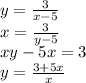 y= \frac{3}{x-5} \\ x=\frac{3}{y-5} \\ xy-5x=3 \\ y= \frac{3+5x}{x}