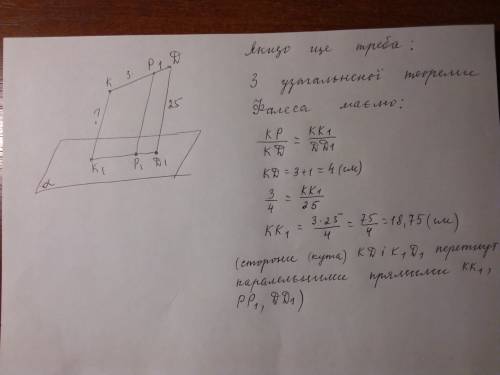 Через кінці відрізка kd і точку р, що лежить на ньому, проведено паралельні прямі, що перетинають пл