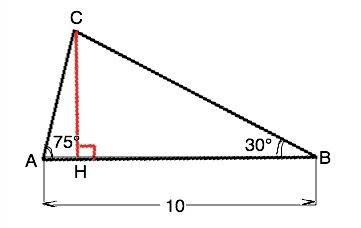 Втреугольнике abc угол а=75°,угол в=30°,ав=10см.найдите площадь треугольника.только можете решить бе