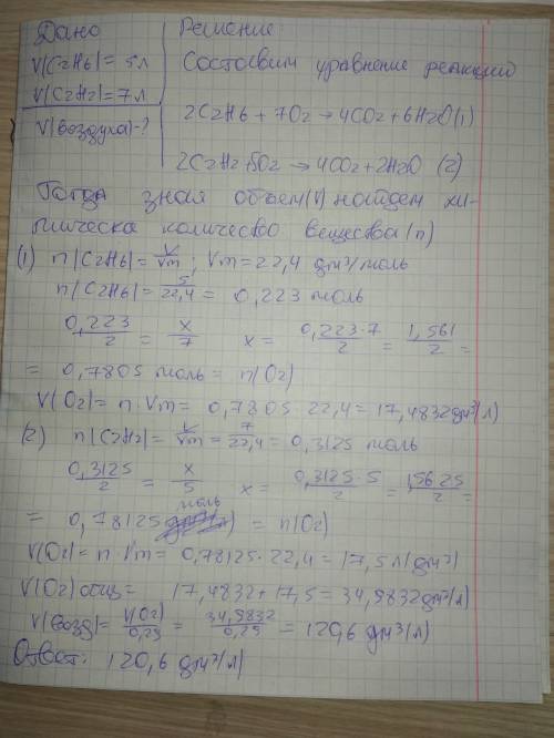 1. вычислите объем воздуха, понадобится для сжигания смеси, состоящей из 5 л этилена и 7 л ацетилена