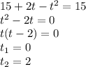 15+2t-t^2=15\\ t^2-2t=0\\ t(t-2)=0\\ t_1=0\\ t_2=2