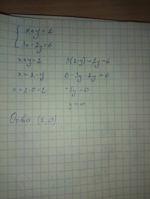 Решите систему уравнений: x+y=2, 3x-2y=6