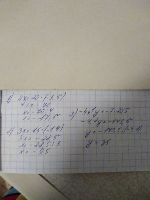 Найдите неизвестный член пропорции 1)-3,5/4=x /20 2)-1,9/3=x15 3)4,1/-7=20,5/-y