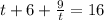 t + 6 + \frac{9}{t} = 16