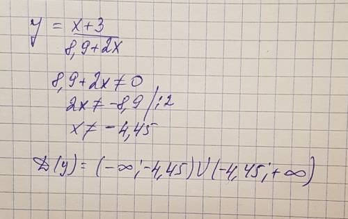 Найдите область определения функции: y=x+3/8,9+2x