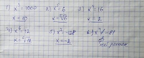 Решить уравнение: 1) х³=1000 2) х^5 = 6 3) х⁴= 16 4) х^6 = 12 5) х^7 = -128 6) х⁴= -81