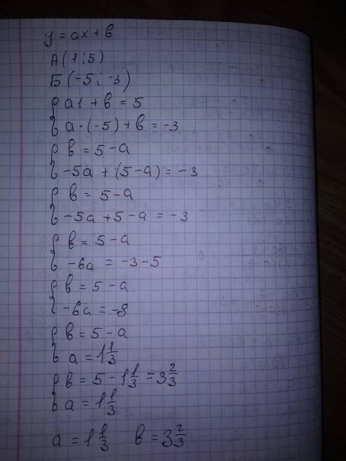 При каких значениях а и б прямая y=ax+b через точки а(1; 5),б(-5; -3)