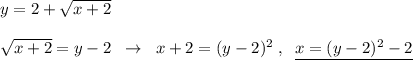 y=2+\sqrt{x+2}\\\\\sqrt{x+2}=y-2\; \; \to \; \; x+2=(y-2)^2\; ,\; \; \underline {x=(y-2)^2-2}