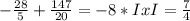 -\frac{28}{5} + \frac{147}{20} = -8*IxI = \frac{7}{4}