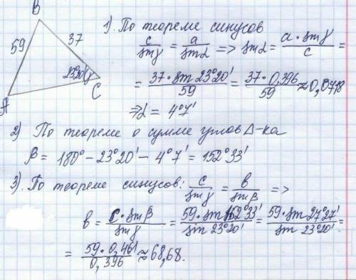 По . a=20 b=13 c=67 градусов 23 минут. найти бетта, гамма, с-?