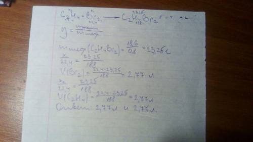 Сколько литров этена и сколько граммов брома расходуется для получения 18,6 г дибромэтана, выход кот