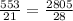 \frac{553}{21} = \frac{2805}{28}