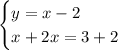 \begin{cases} y=x-2\\ x+2x=3+2\end{cases}