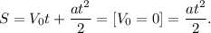 S = V_0t + \dfrac{at^2}{2} = [V_0 = 0] = \dfrac{at^2}{2}.