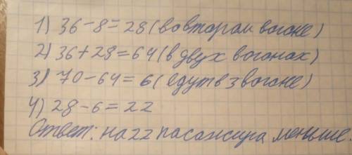 Втрёх вагонах поезда едут 70 пассажиров.в первом вагоне едут 36 пассажиров,во втором -на 8 пассажиро