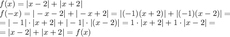 f(x)=|x-2|+|x+2|\\f(-x)=|-x-2|+|-x+2|=|(-1)(x+2)|+|(-1)(x-2)|=\\=|-1| \cdot |x+2|+|-1| \cdot |(x-2)|=1\cdot |x+2|+1 \cdot |x-2|=\\= |x-2|+|x+2|=f(x)