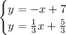 \begin{cases} y=-x+7\\ y= \frac{1}{3}x+ \frac{5}{3}\end{cases}