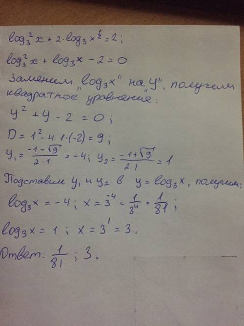 Решите уравнение: 1) log²3 x+2log3 x^1/2=2 2) log²2 x+log2 x³=4