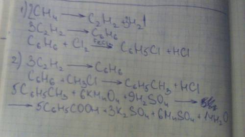 Решите цепочки 1)ch4—x—y—c6h5 2)x—c6h6–y—c6h5cooh