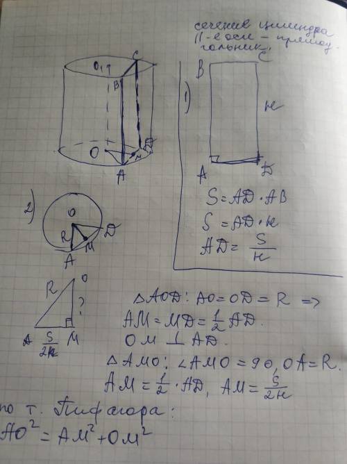Радіус циліндра дорівнює r, висота h, площа перерізу, паралельного осі, дорівнює s. на якій відстані