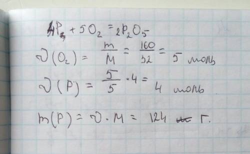 По схеме реакции р+о2=р2о5 определите какая масса фосфора получится из 160 г кислорода.