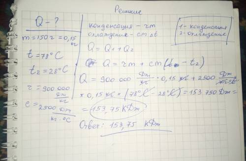 Какое количество теплоты выделяется при конденсации 150 г спирта при температуре 78 градусов и охлаж