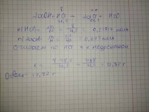 Смешали 8 г соляной кислоты и 27 г раствора едкого натра. какая масса хлорида натрия образуется в ре