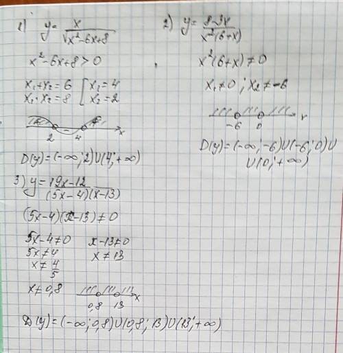 Найти область определения функции: 1)y=x/√x²-6x+8 2)y=8-3x/x²(6+x) 3)y=19x-12/(5x-4)(x-13)