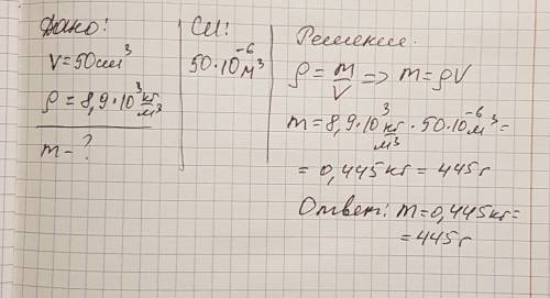 Чему равна масса медной детали объемом 50 см в кубе