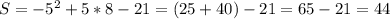 S = -5^{2} + 5*8 - 21 = (25+40)-21 = 65-21 = 44