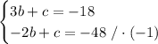 \begin{cases}3b + c =- 18\\- 2b + c =-48\ /\cdot(-1)\end{cases}