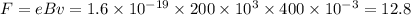 F=eBv=1.6\times 10^{-19}\times 200\times 10^3\times400\times 10^{-3}=12.8