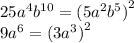 25 {a}^{4} {b}^{10} = (5 {a}^{2} {b}^{5} {)}^{2} \\ 9 {a}^{6} = (3 {a}^{3} {)}^{2}