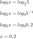 log_{3}x=log_{\frac{1}{3} }5\\\\log_{3}x=log_{3}5^{-1}\\\\log_{3}x=log_{3}0,2\\\\x=0,2