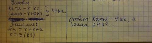 Саша собрал на 5 кг картофеля больше чем катя .а вместе они собрали 43кг картофеля .сколько картофел