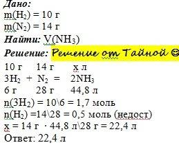 На 4 декабря . какой объём аммиака образуется при взаимодействии 10 гр водорода с 14 гр азота?