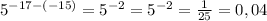 5^{-17-(-15)} = 5^{-2} = 5^{-2} = \frac{1}{25} = 0,04