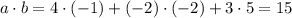 a \cdot b=4\cdot(-1)+(-2)\cdot(-2)+3\cdot5=15