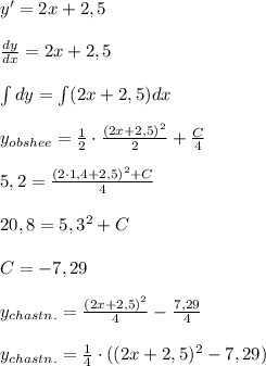 y'=2x+2,5\\\\\frac{dy}{dx}=2x+2,5\\\\\int dy=\int (2x+2,5)dx\\\\y_{obshee}=\frac{1}{2}\cdot \frac{(2x+2,5)^2}{2}+\frac{C}{4}\\\\5,2=\frac{(2\cdot 1,4+2,5)^2+C}{4}\\\\20,8=5,3^2+C\\\\C=-7,29\\\\y_{chastn.}=\frac{(2x+2,5)^2}{4}-\frac{7,29}{4}\\\\y_{chastn.}=\frac{1}{4}\cdot ((2x+2,5)^2-7,29)