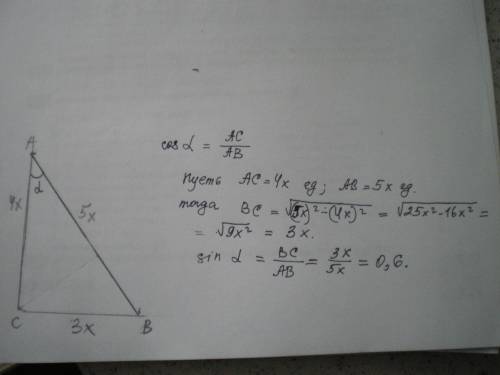 Косинус острого угла а треугольника авс равен 4/5. найдите синус а.
