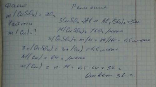 Рассчитайте массу меди, которое можно получить из 80 г сульфата меди(ii) в реакции с алюминием