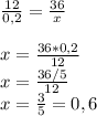 \frac{12}{0,2}=\frac{36}{x}\\\\x=\frac{36*0,2}{12}\\x=\frac{36/5}{12}\\x=\frac{3}{5}=0,6