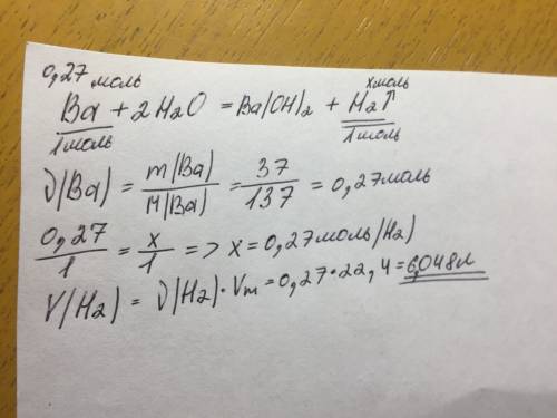 Какой объем водорода выделится при взаимодействии 37 г бария с водой