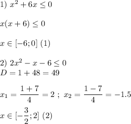 1) \ x^{2} + 6x \le 0 \\ \\ x(x + 6) \le 0 \\ \\ x \in [-6;0] \ (1) \\ \\ 2) \ 2x^{2} - x -6 \le 0 \\ D = 1 +48 = 49 \\ \\ x_{1} = \dfrac{1 + 7}{4} = 2 \ ; \ x_{2} = \dfrac{1-7}{4} = -1.5 \\ \\ x \in [-\dfrac{3}{2};2] \ (2)