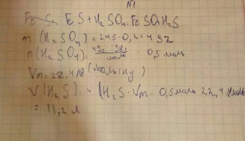 Вычислите объём газа (н. который выделится при действии избытка сульфида железа(ii) на 245 г 20%-ног